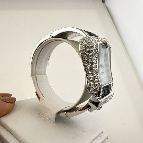 Victoria Wieck Watch Buckle Hinged Cuff Crystal Rhinestone Silver Tone Black HSN main image 4
